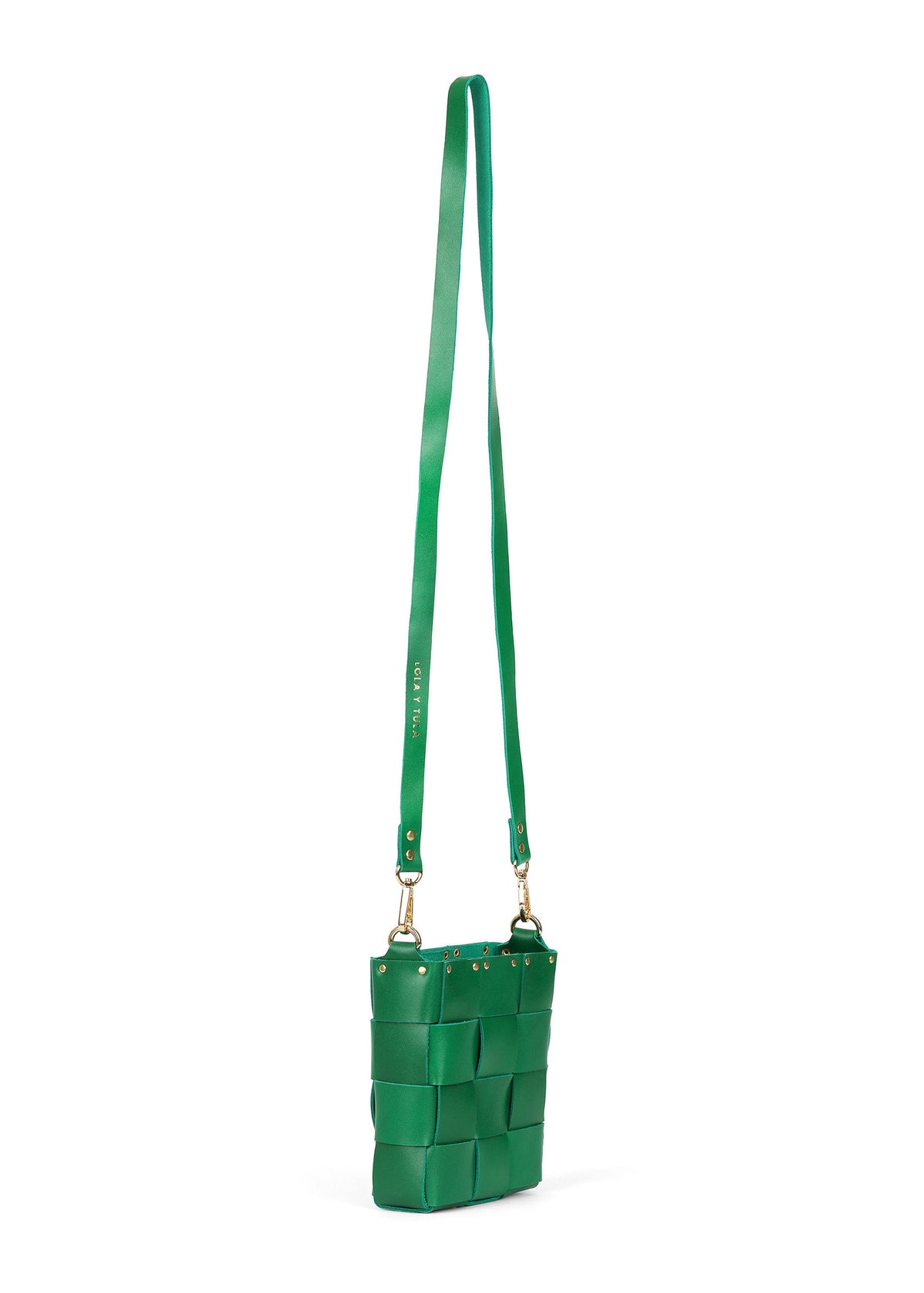 LOLA Y TULA Mini Tula Green bag with adjustable strap and compact design, made of durable green fabric.
