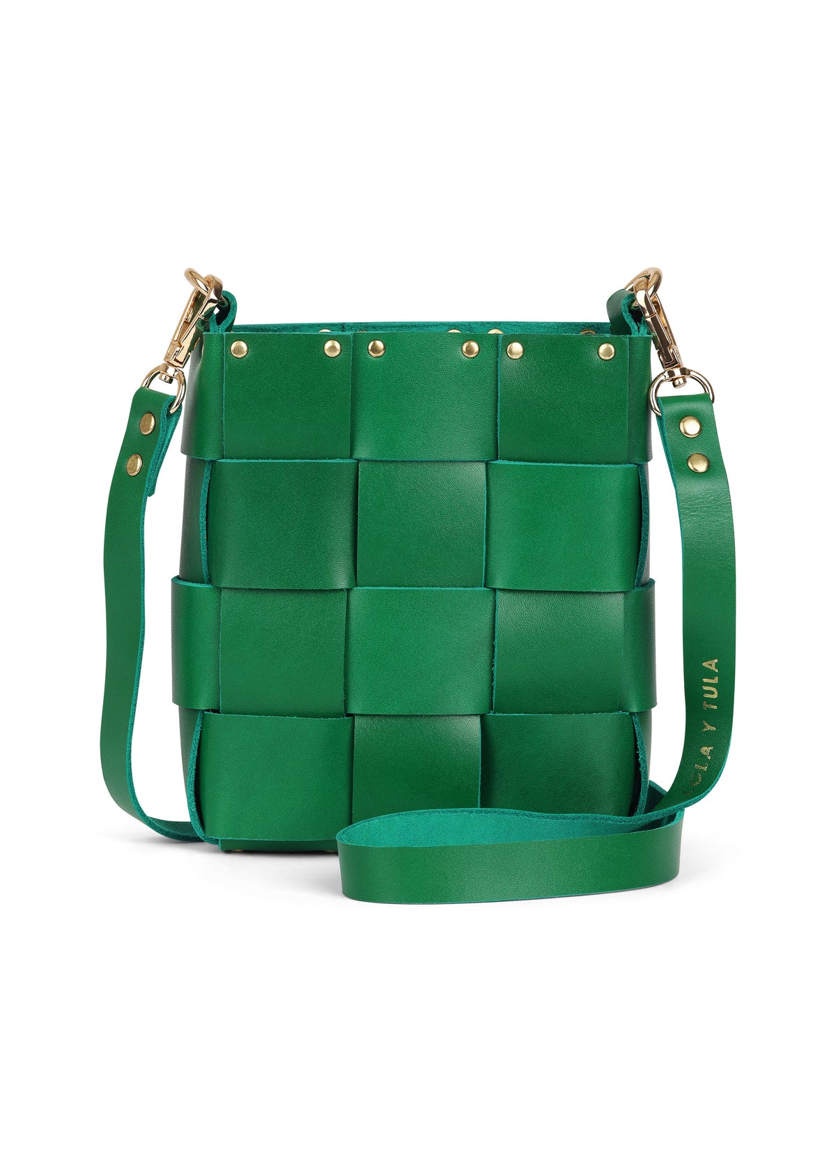 Mini Tula Green bag by LOLA Y TULA featuring a compact design and vibrant green color, shown with its strap and interior details.