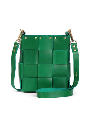 Mini Tula Green bag by LOLA Y TULA featuring a compact design and vibrant green color, shown with its strap and interior details.