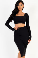 Ribbed Long Sleeve Crop Top & Skirt Set - Farnelli