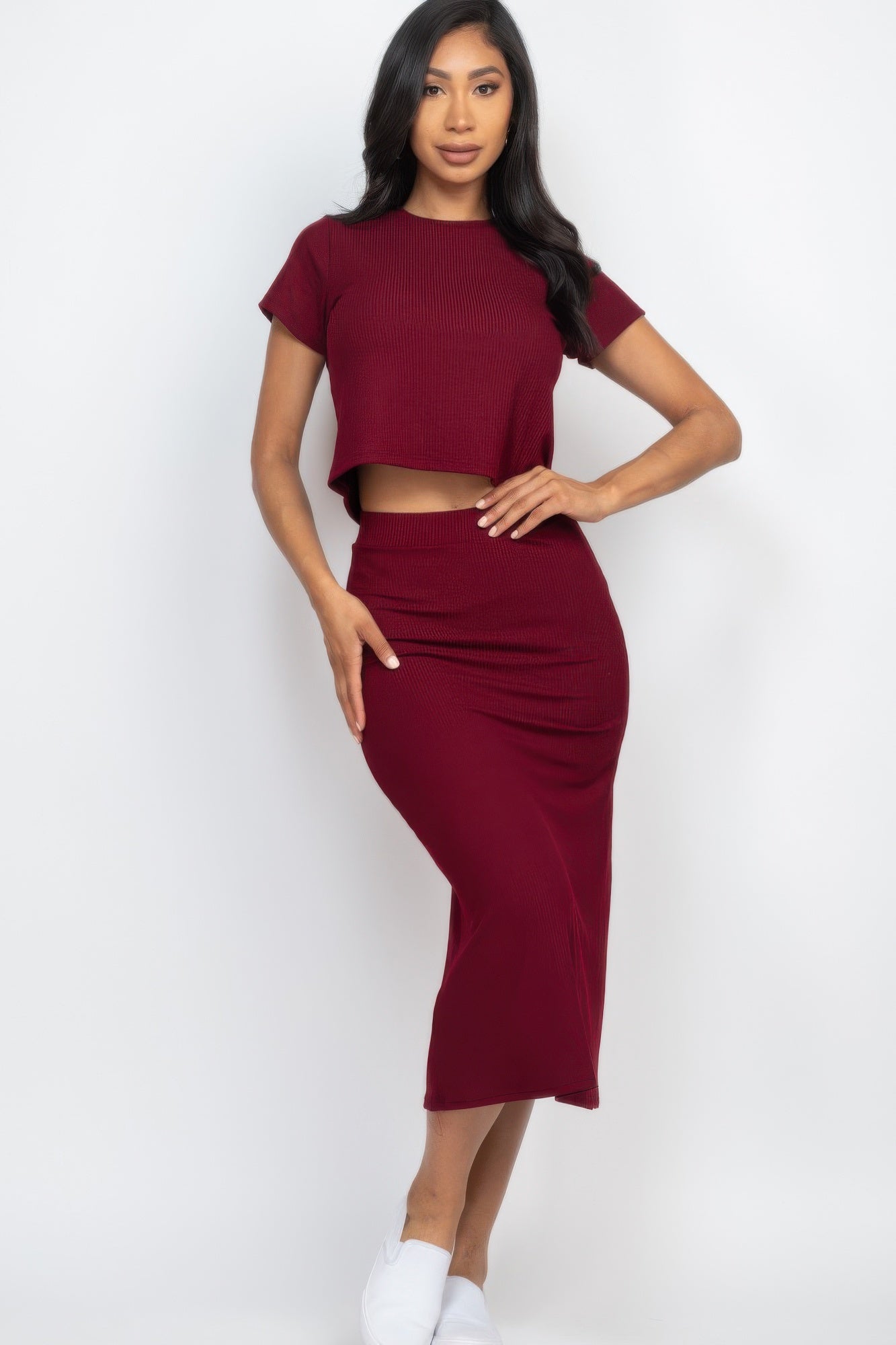 Short Sleeve Ribbed Top & Midi Skirt Se - Farnelli