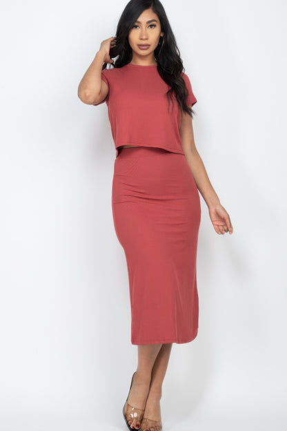 Short Sleeve Ribbed Top & Midi Skirt Se - Farnelli