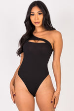 Ribbed Knit Cut Out One Shoulder Bodysuit - Farnelli