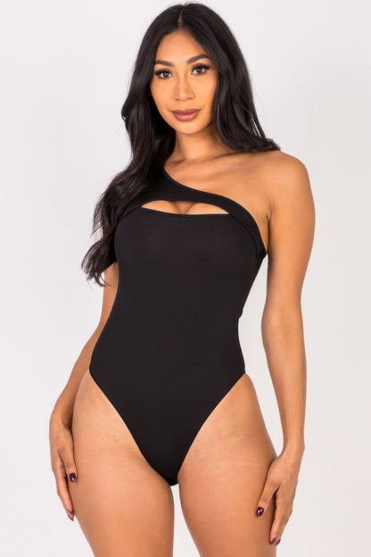 Ribbed Knit Cut Out One Shoulder Bodysuit - Farnelli