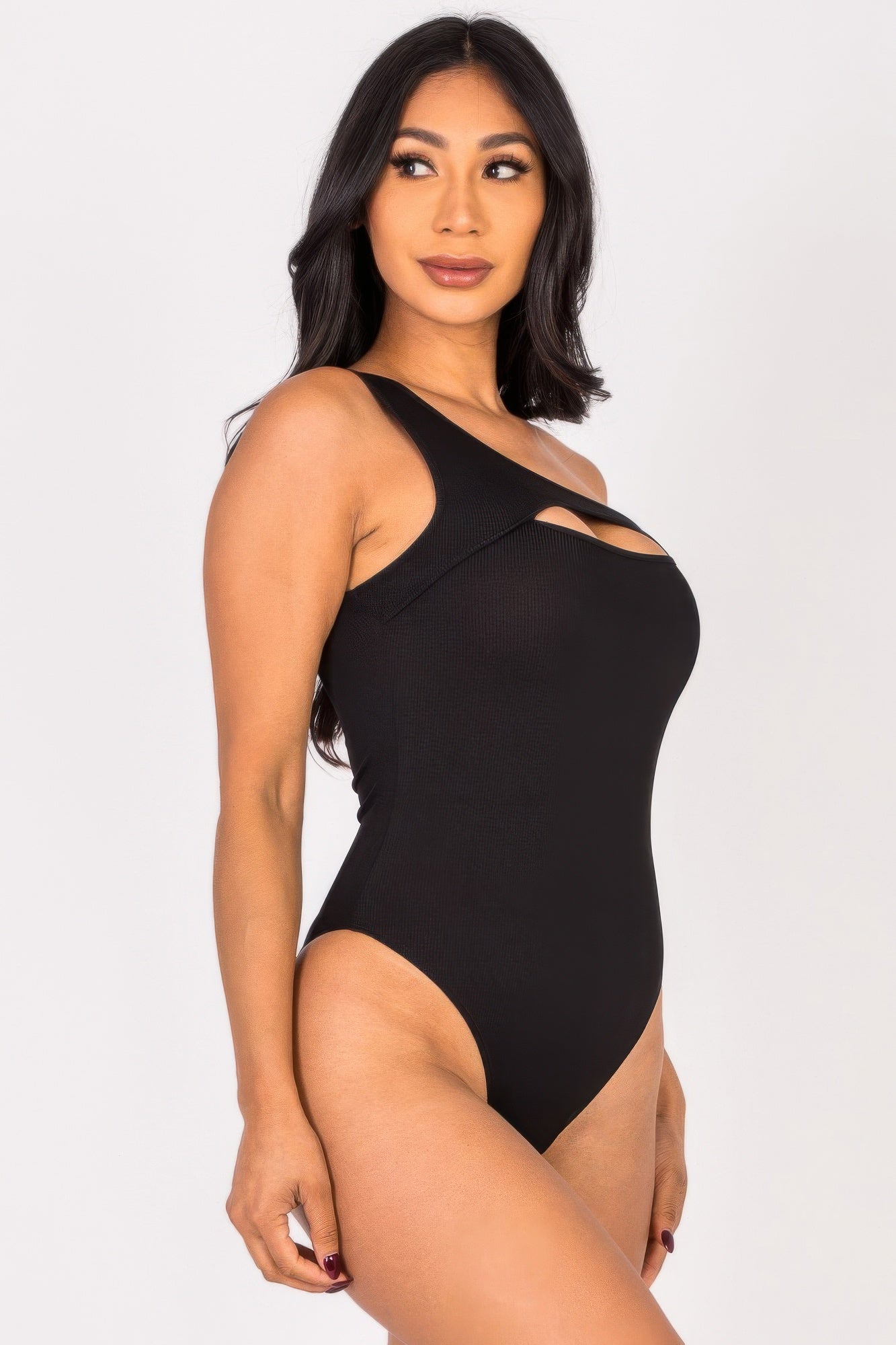 Ribbed Knit Cut Out One Shoulder Bodysuit - Farnelli