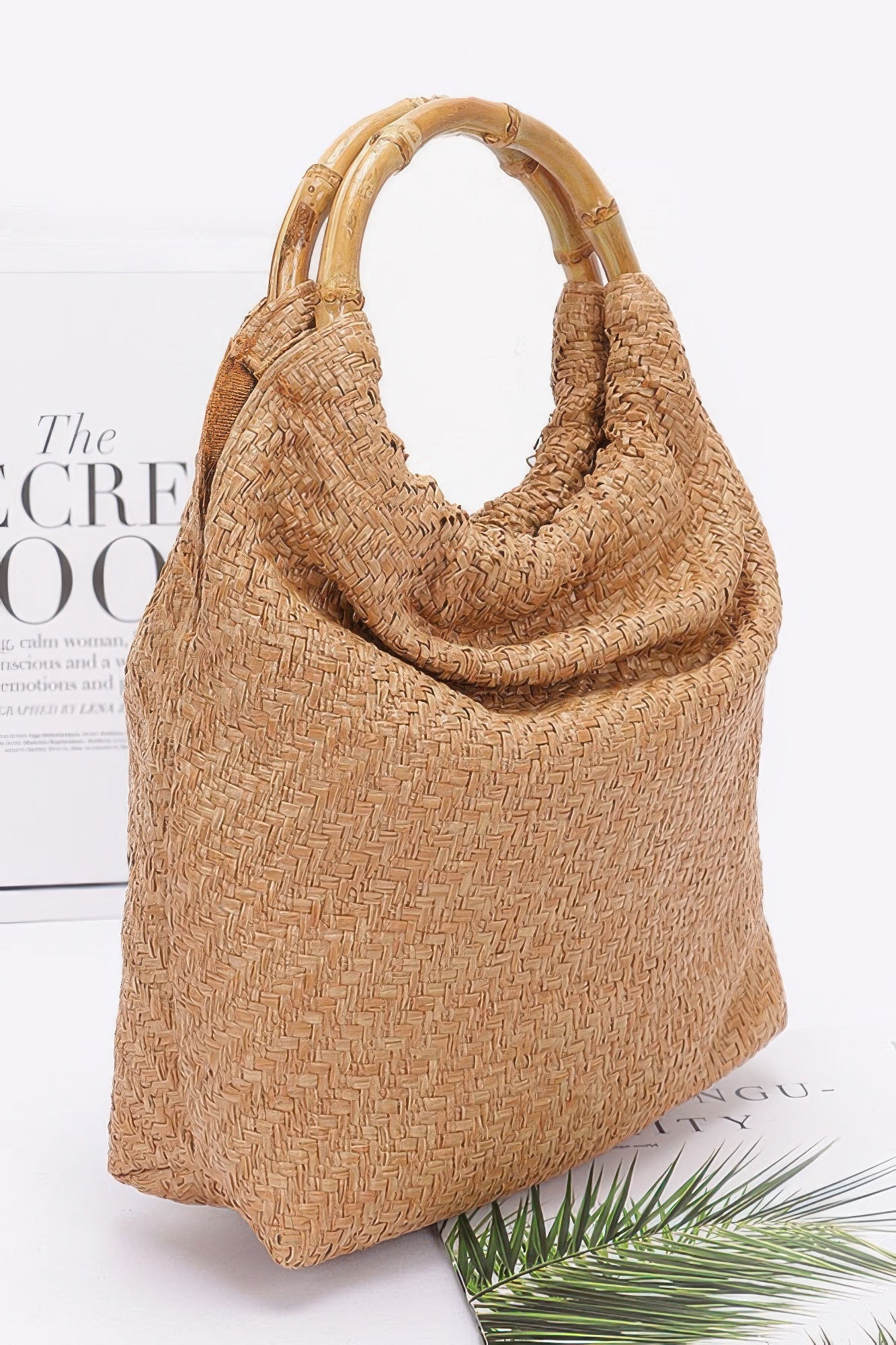 Faux Straw Bamboo Handle Handbag - Farnelli