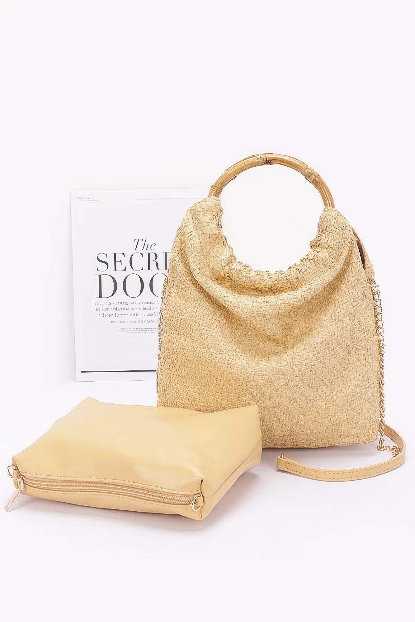 Faux Straw Bamboo Handle Handbag - Farnelli