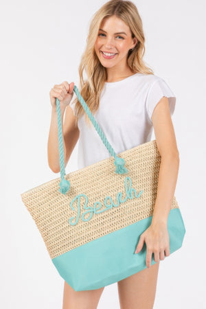 Color Sewn Rope Beach Letter And Strap Crochet Fabric Tote - Farnelli