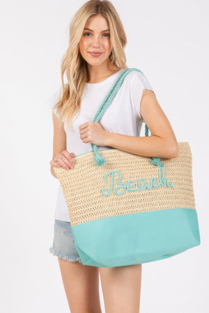 Color Sewn Rope Beach Letter And Strap Crochet Fabric Tote - Farnelli