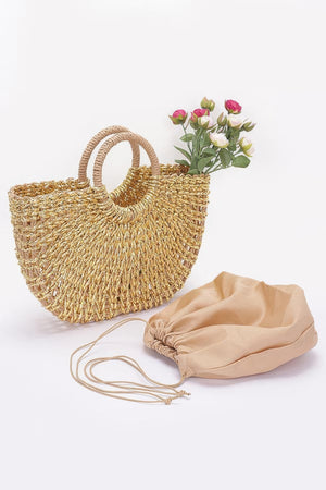 Metallic Faux Straw Tote Bag W Pouch - Farnelli