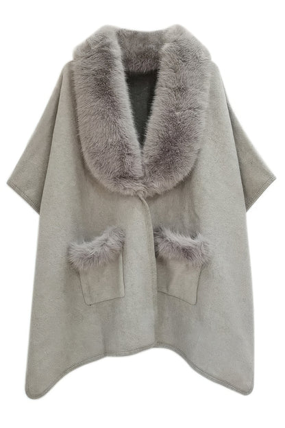 Faux Fur Collar Kimono - Farnelli