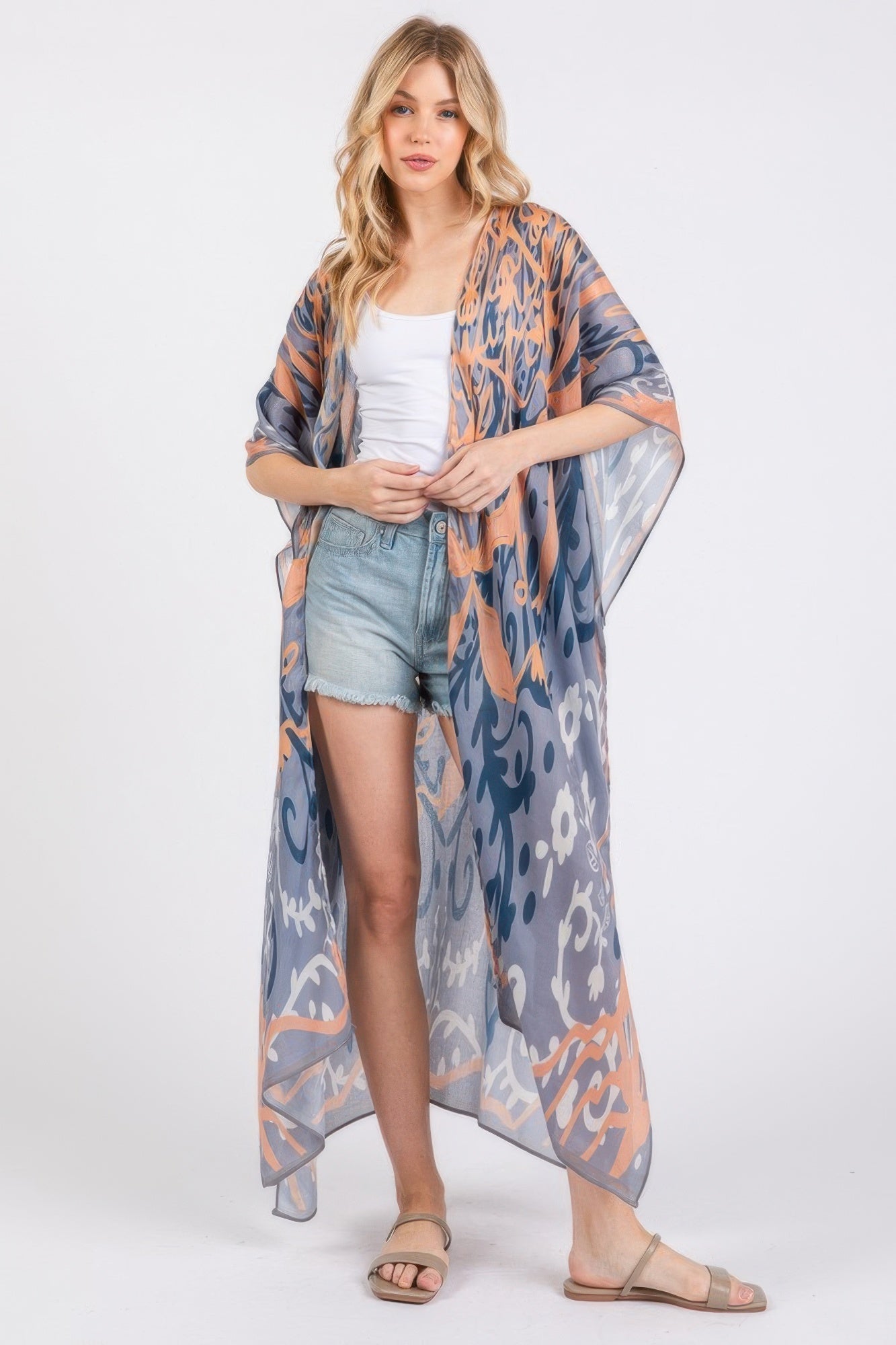 Boho Print Open Front Long Kimono - Farnelli