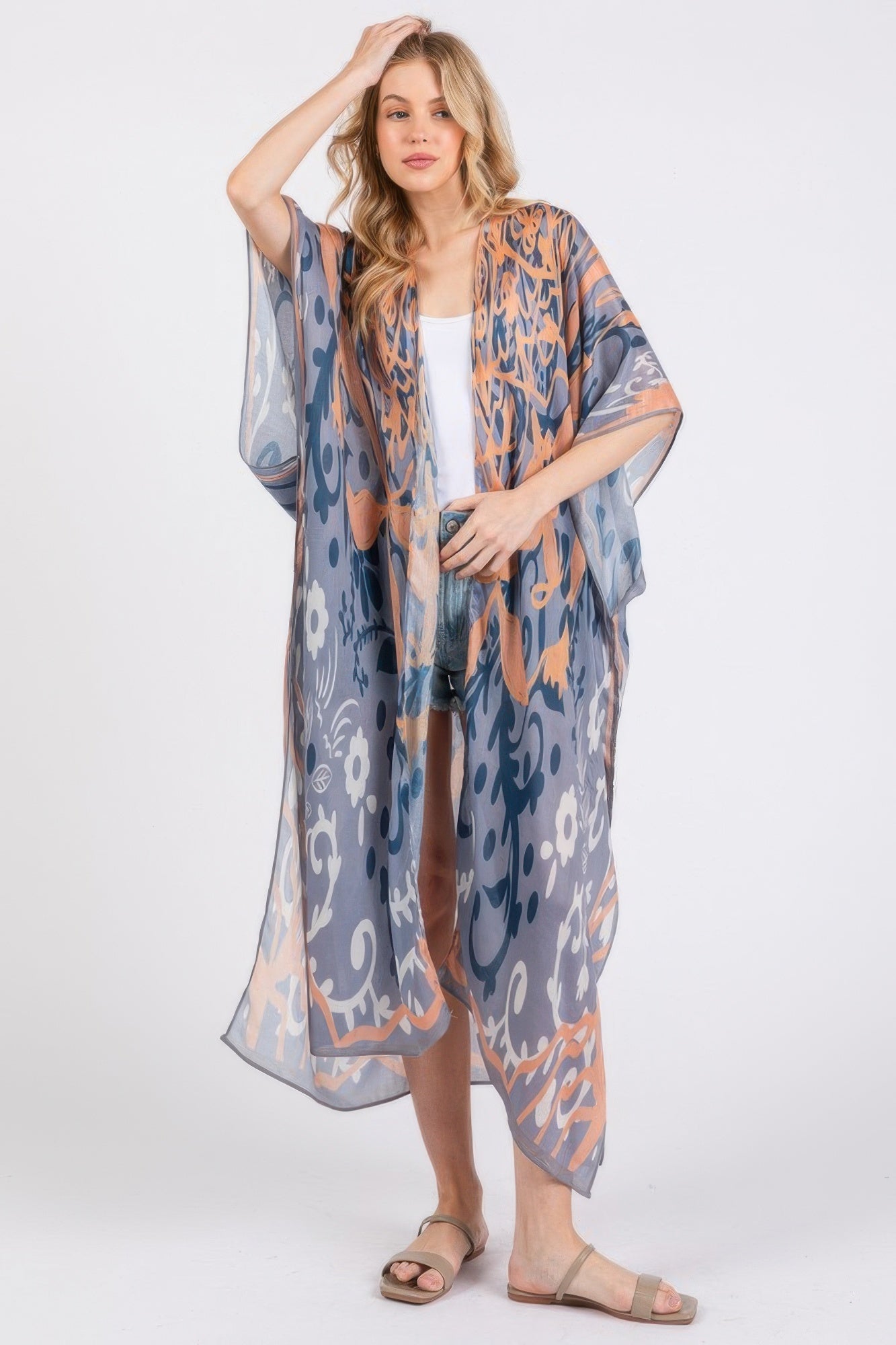 Boho Print Open Front Long Kimono - Farnelli