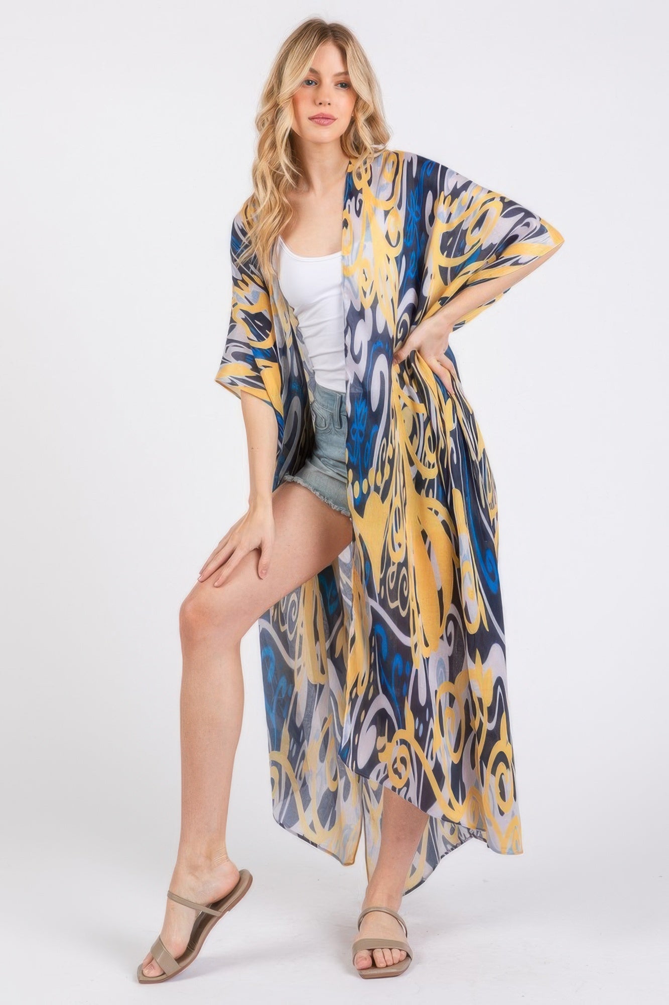 Boho Print Open Front Long Kimono - Farnelli