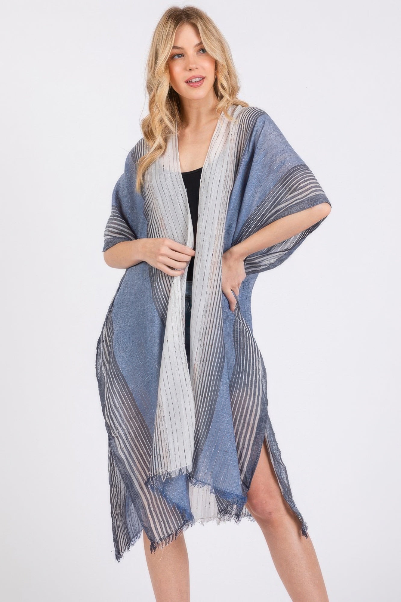 Striped Two Tone Cover Up Kimono - Farnelli