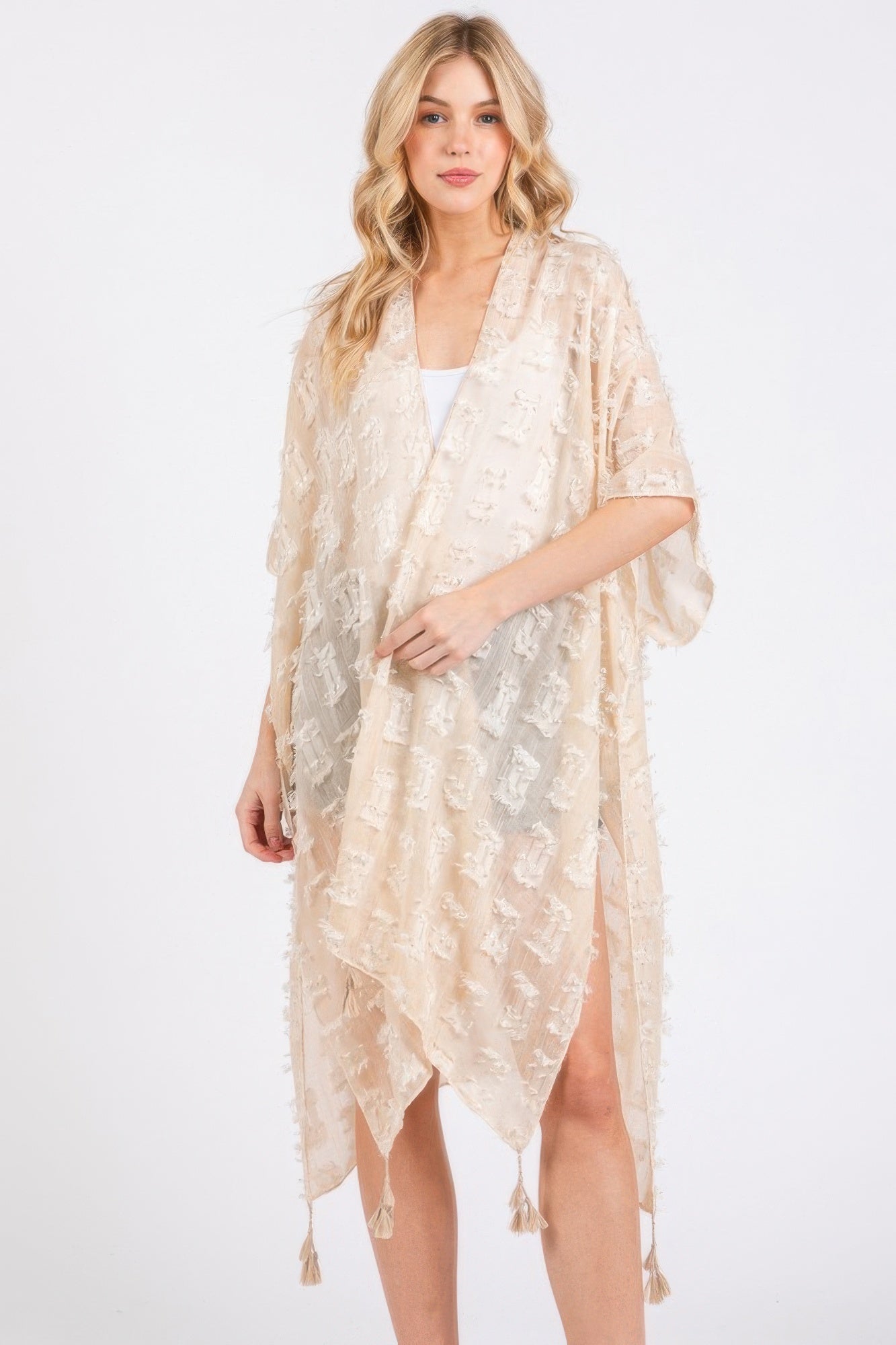 Distressed Pattern Tassel Kimono - Farnelli