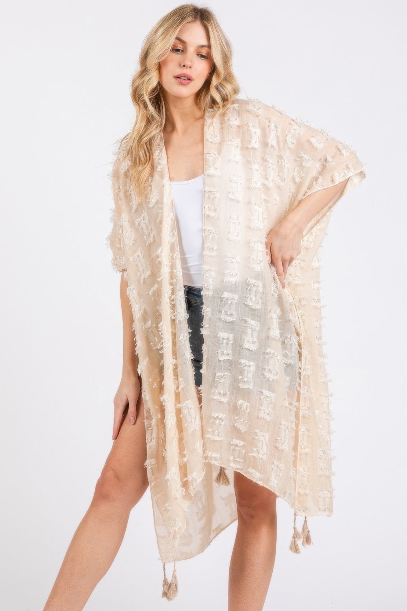 Distressed Pattern Tassel Kimono - Farnelli