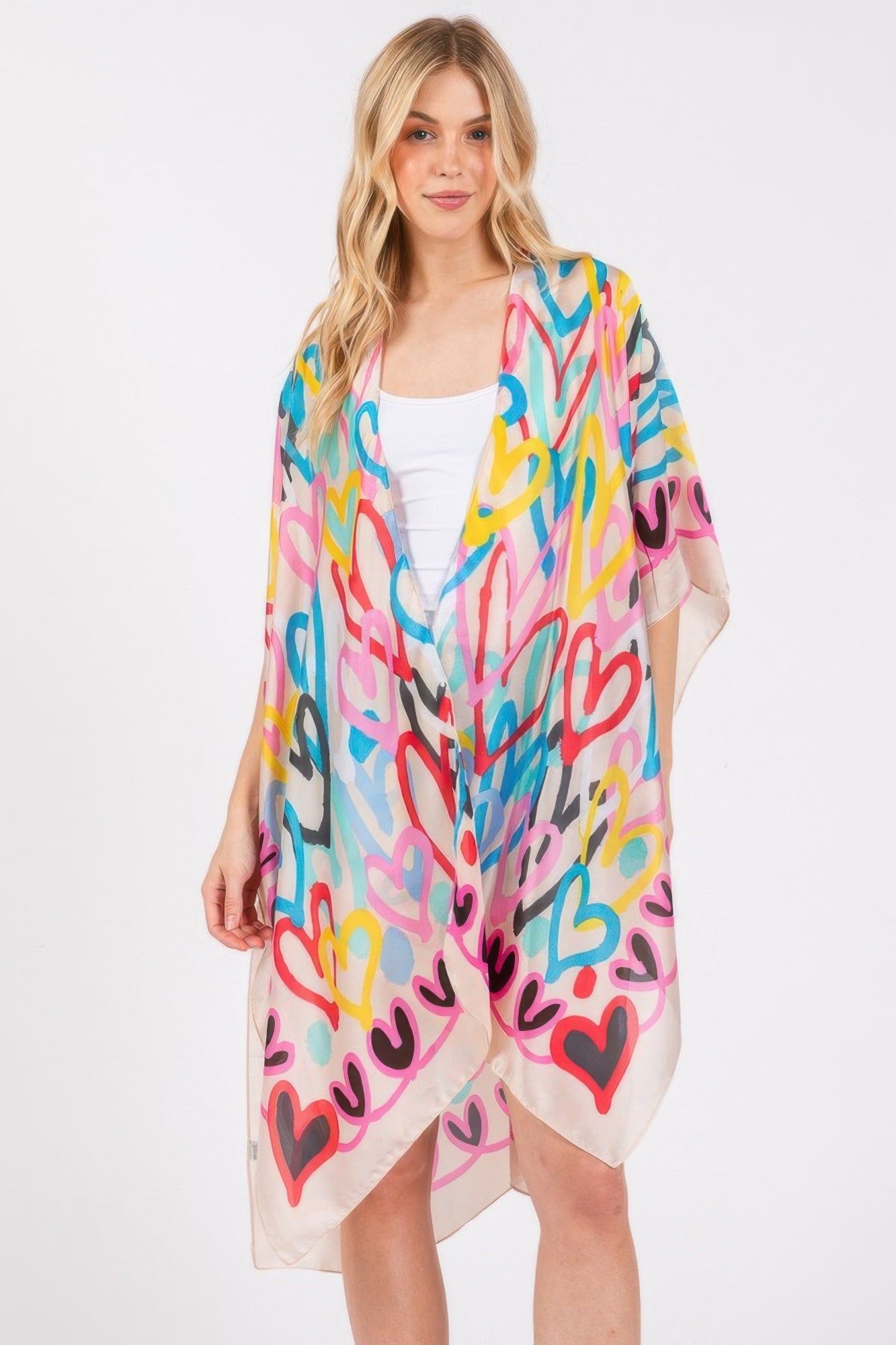 Multi Colored Heart Print Silky Feel Kimono - Farnelli