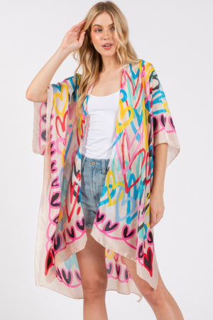 Multi Colored Heart Print Silky Feel Kimono - Farnelli