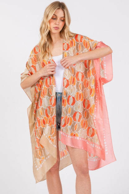 Two Tones Trim Abstract Print Silky Feel Kimono - Farnelli