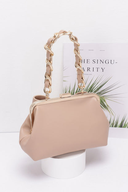 Faux Leather Ribbon Chain Handle Party Clutch - Farnelli