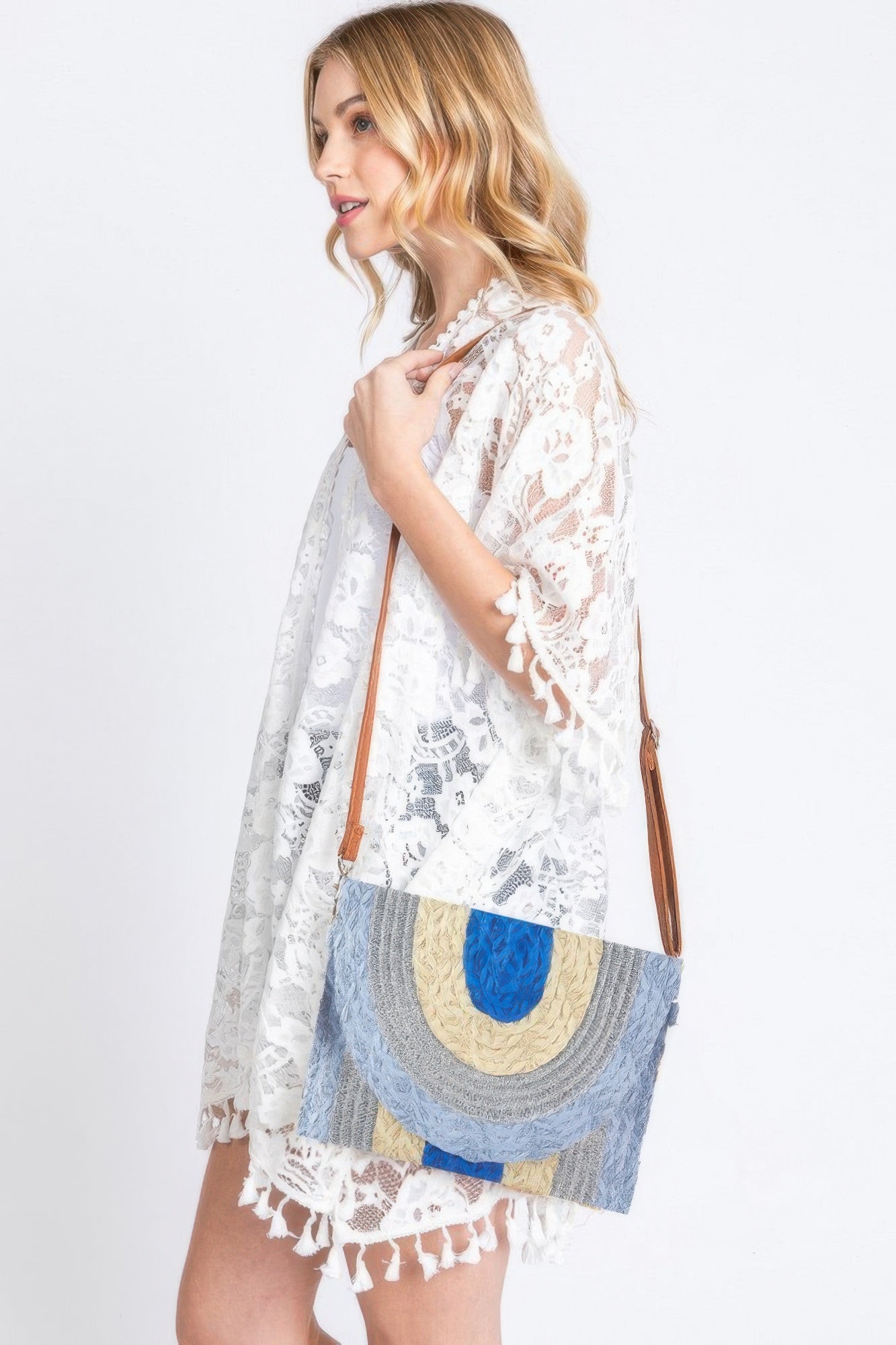 Metallic Lined Multicolor Straw Clutchcrossbodybag - Farnelli
