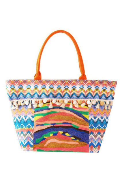 Boho Print Pom Pom Fringe Tote Bag - Farnelli