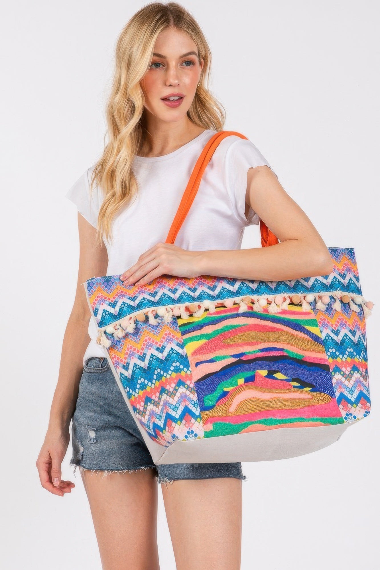 Boho Print Pom Pom Fringe Tote Bag - Farnelli