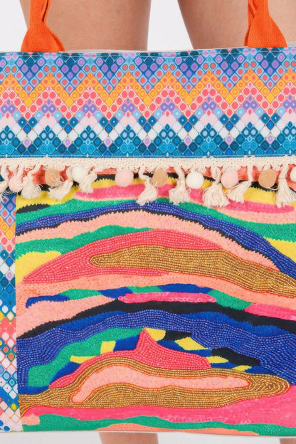 Boho Print Pom Pom Fringe Tote Bag - Farnelli