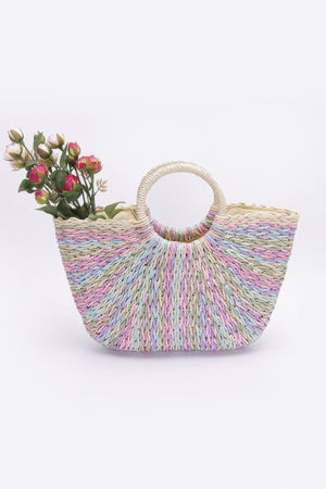 Faux Straw Multi Color Round Handle Tote Bag - Farnelli