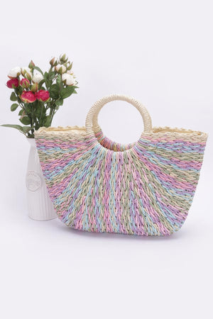 Faux Straw Multi Color Round Handle Tote Bag - Farnelli
