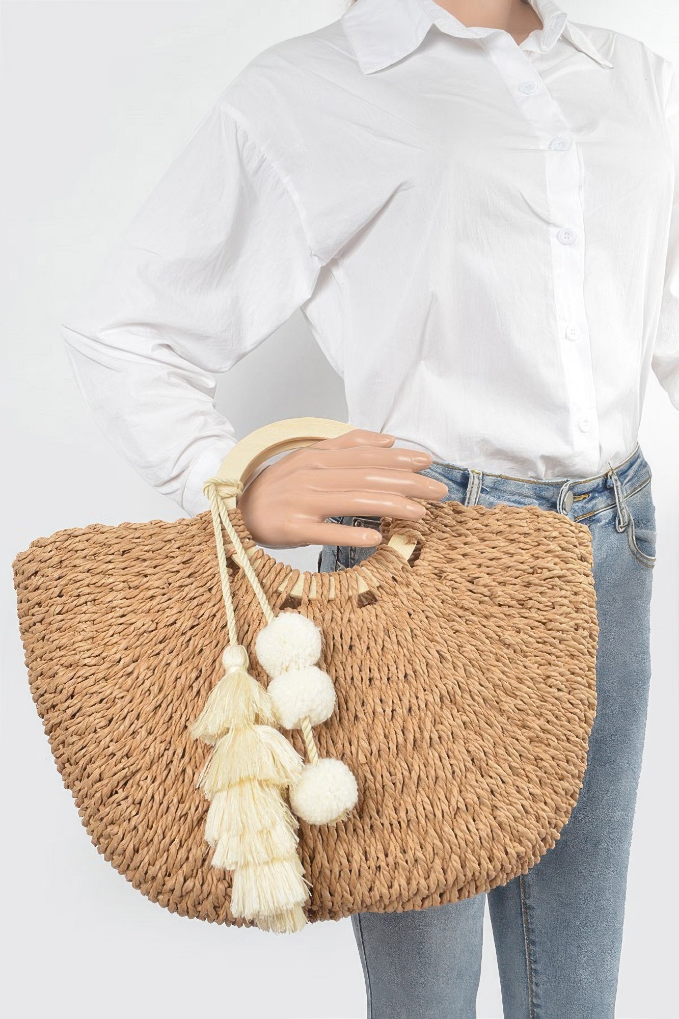 Woven Cotton Wood Handle Tote Bag - Farnelli