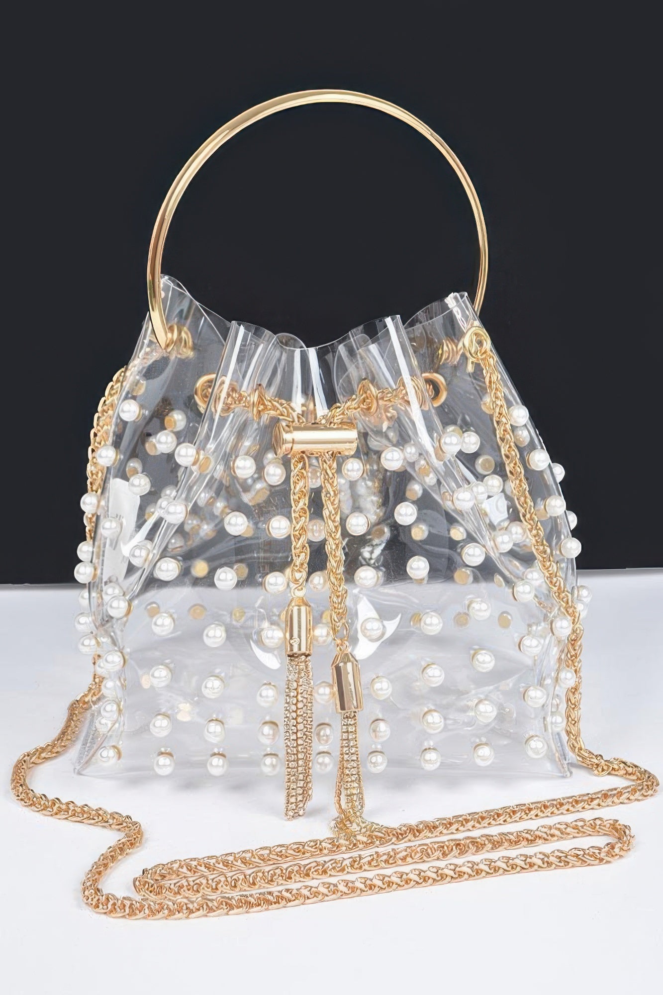 Clear Pearl Stud Bucket Bag W/chain Tassle - Farnelli