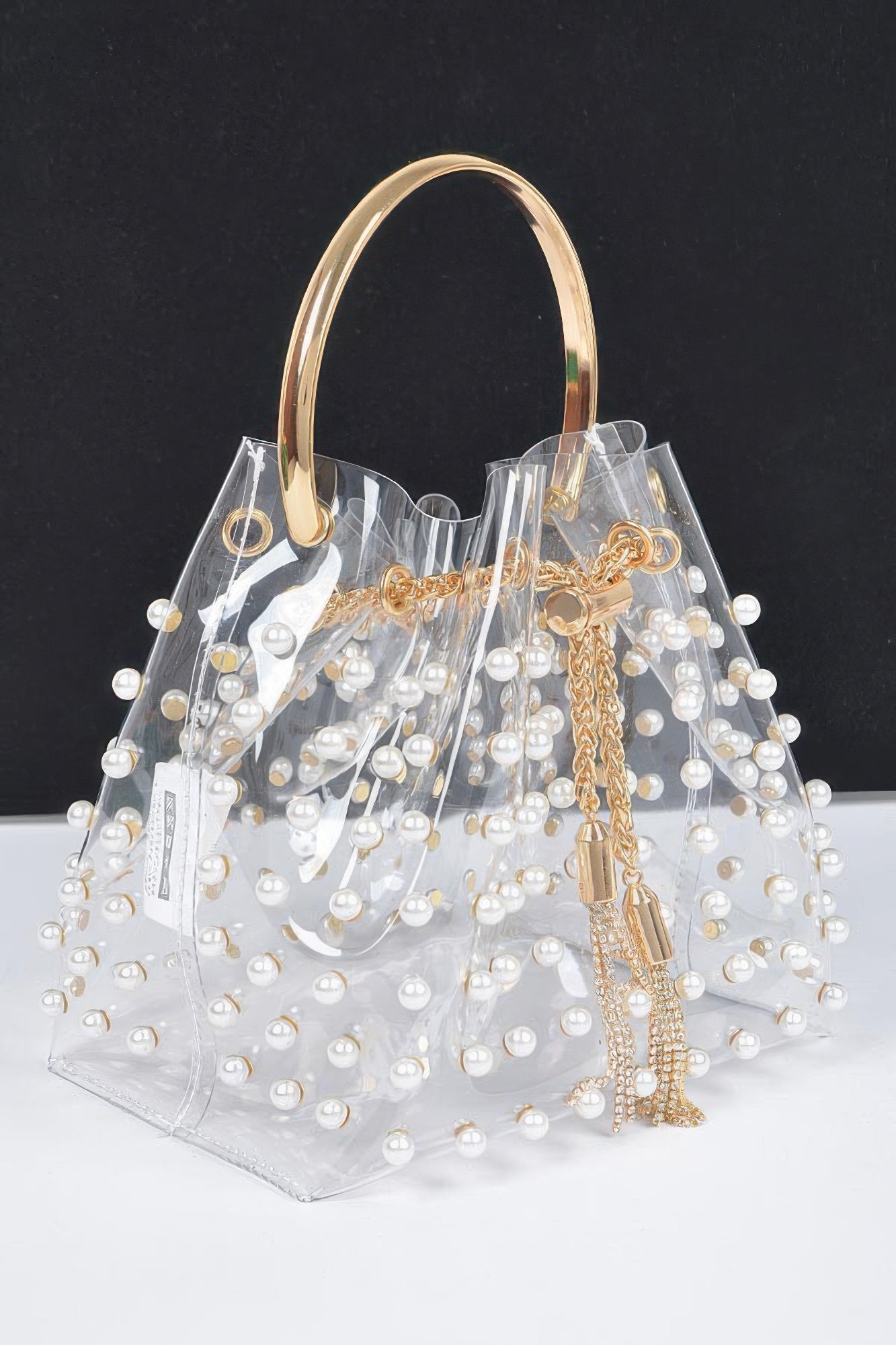 Clear Pearl Stud Bucket Bag W/chain Tassle - Farnelli