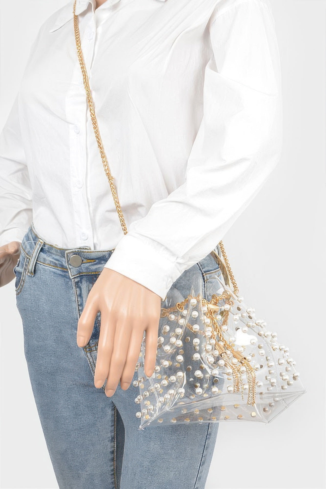 Clear Pearl Stud Bucket Bag W/chain Tassle - Farnelli