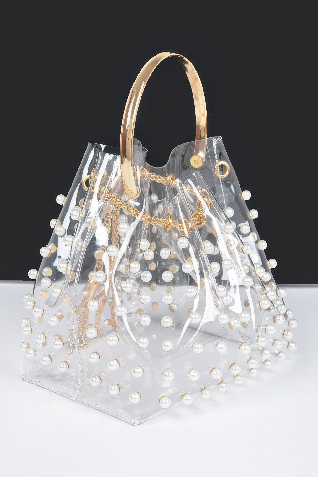 Clear Pearl Stud Bucket Bag W/chain Tassle - Farnelli