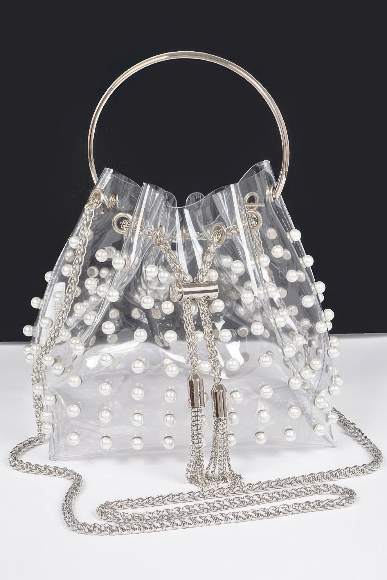Clear Pearl Stud Bucket Bag W/chain Tassle - Farnelli