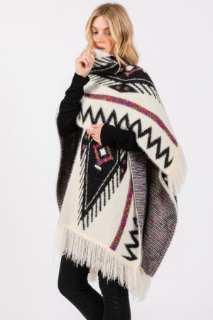 Fuzzy Aztec Pattern Tassel Knit Ruana - Farnelli
