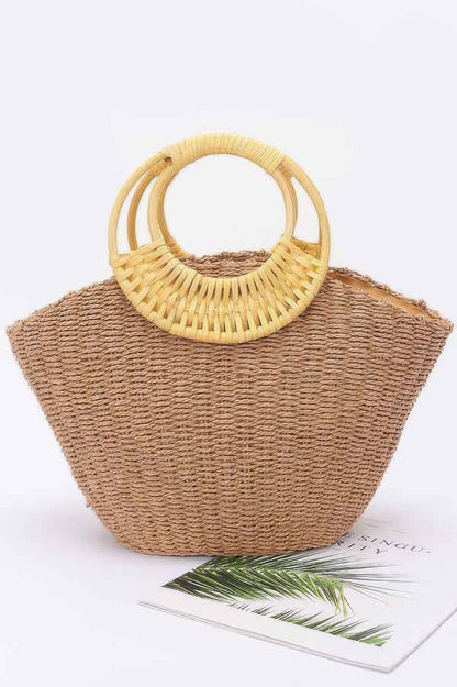 Faux Straw Bamboo Handle Tote Bag - Farnelli