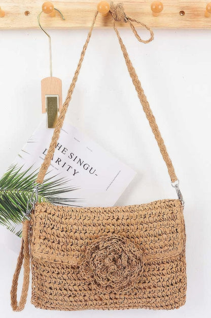 Faux Straw Handmade Flower Flap Clutch - Farnelli