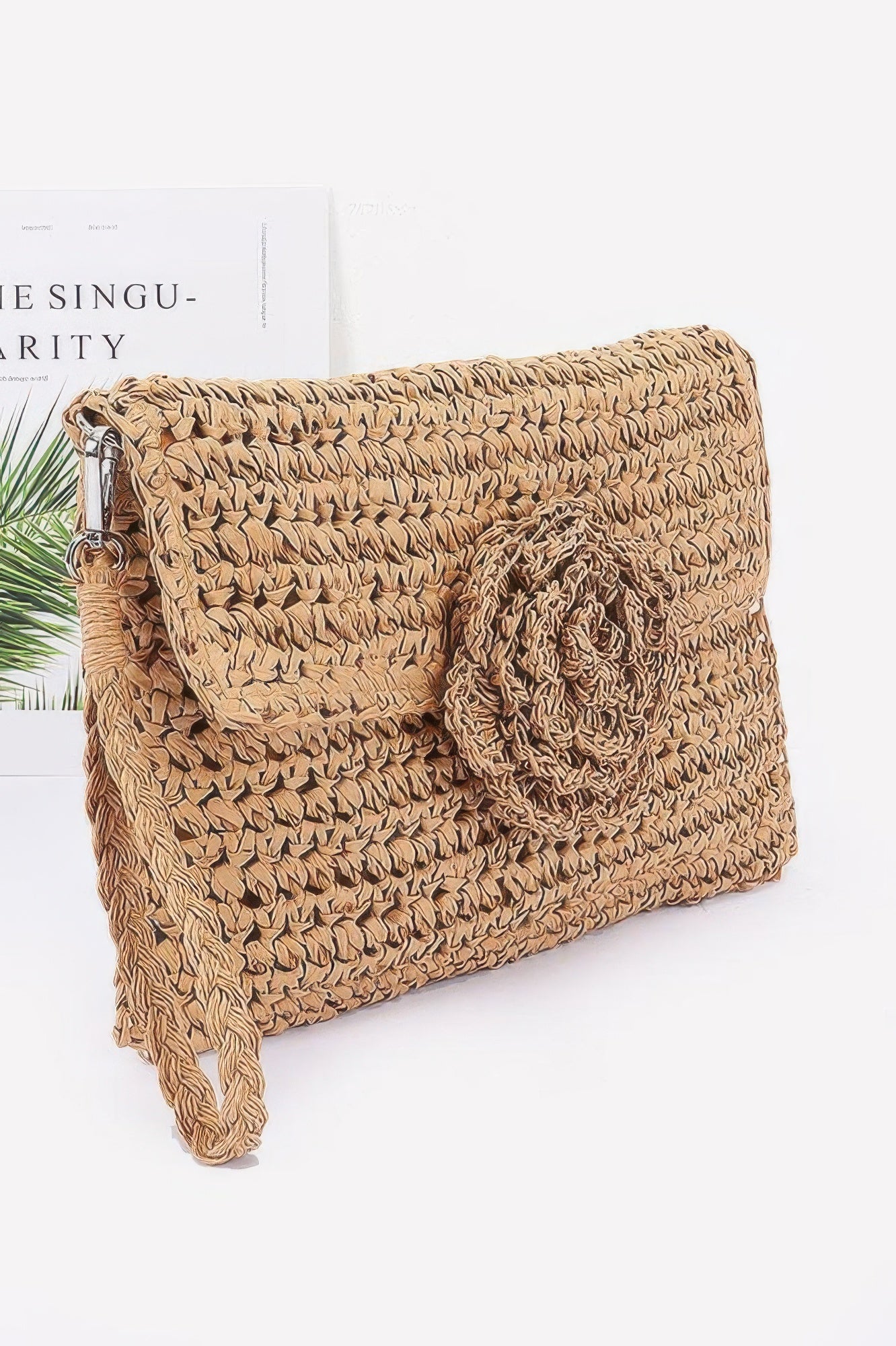 Faux Straw Handmade Flower Flap Clutch - Farnelli