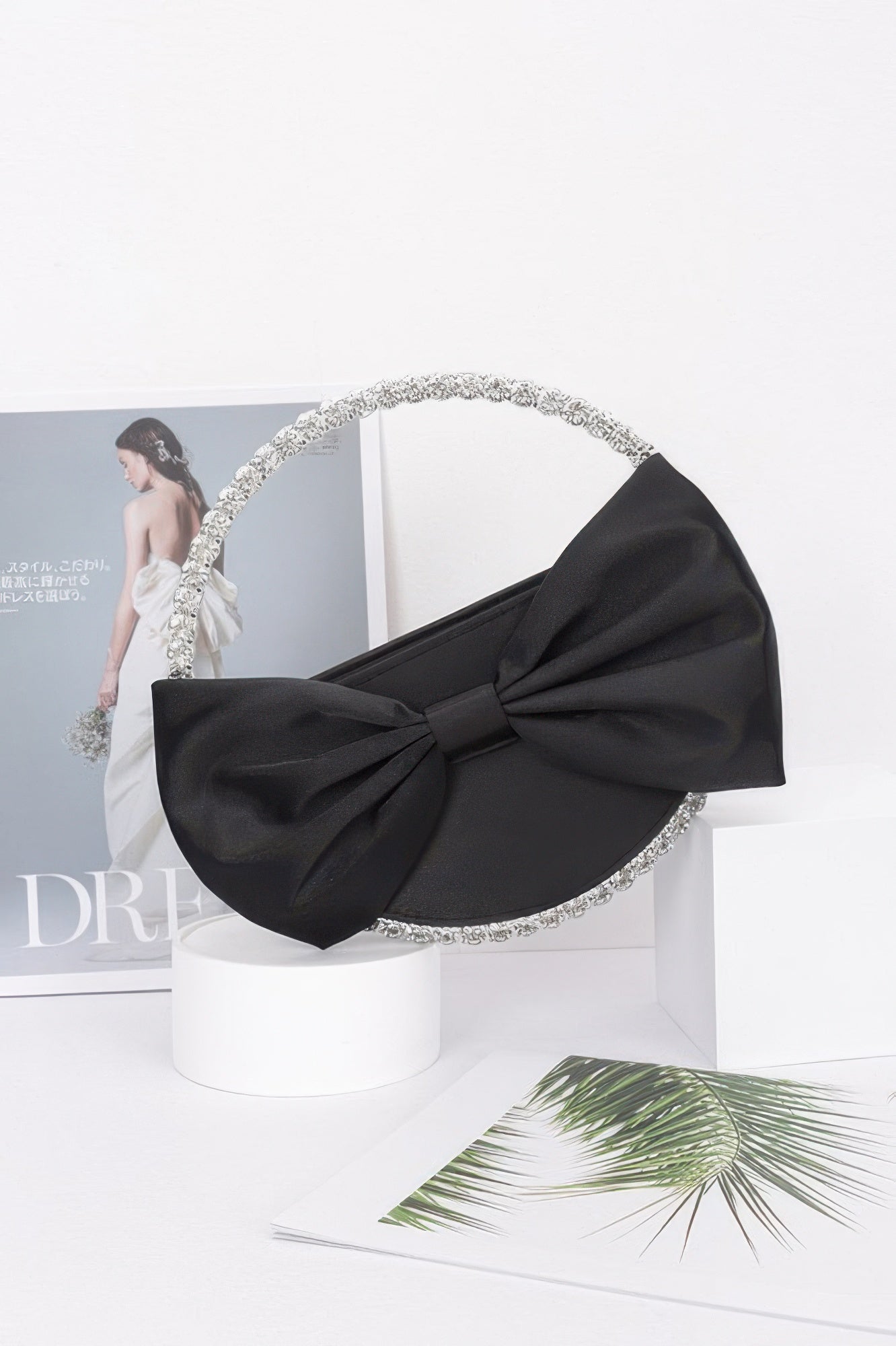 Satin Ribbon Round Rhinestone Metal Clutch - Farnelli