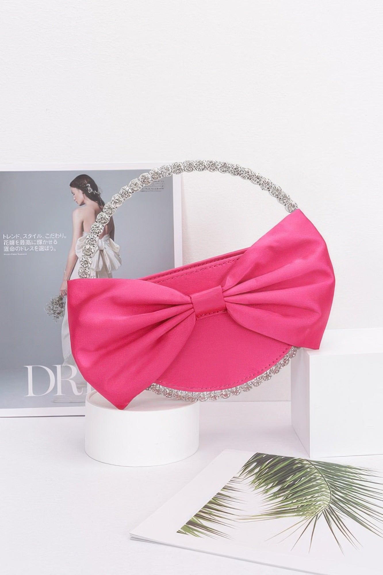 Satin Ribbon Round Rhinestone Metal Clutch - Farnelli