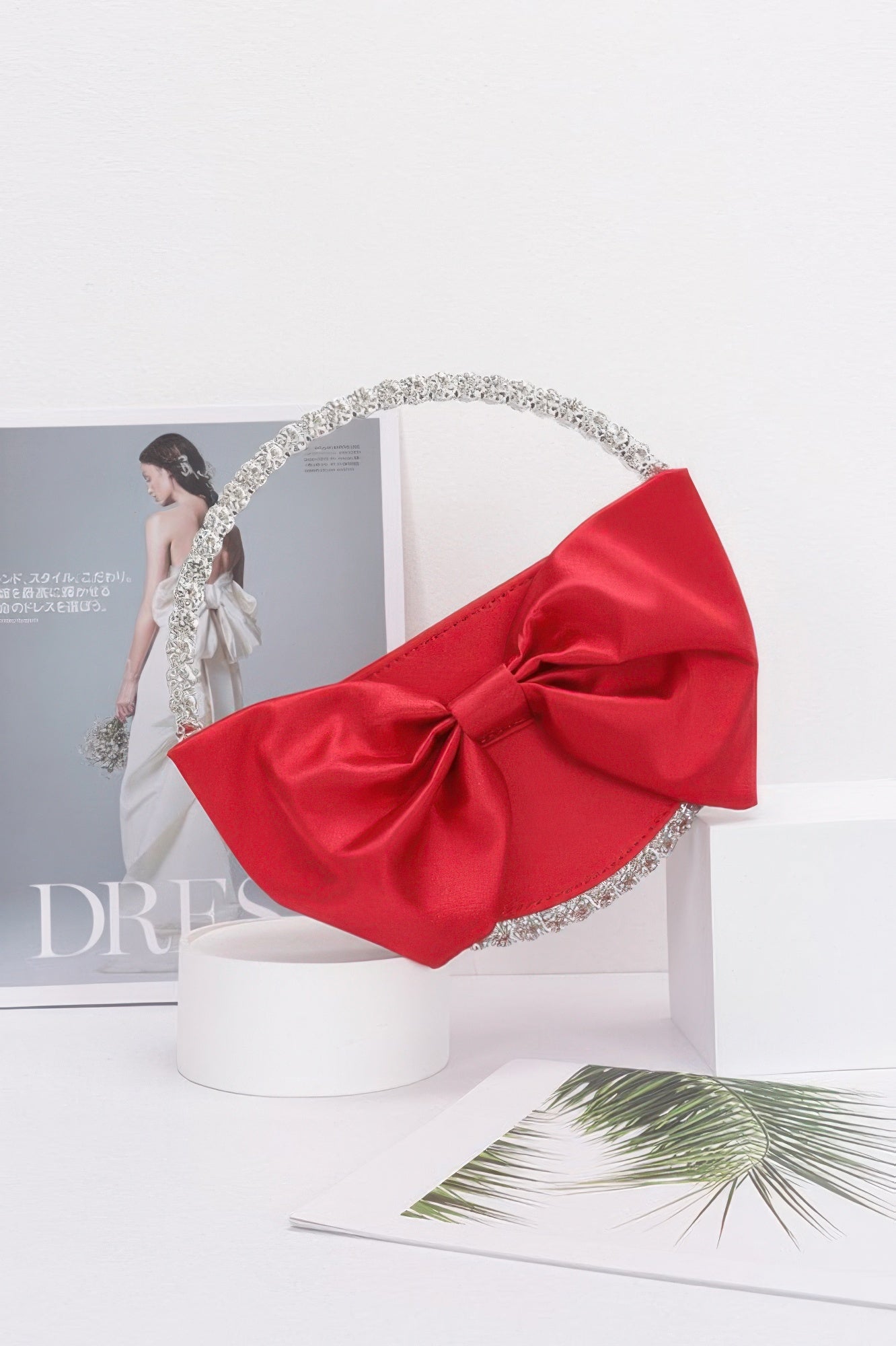 Satin Ribbon Round Rhinestone Metal Clutch - Farnelli