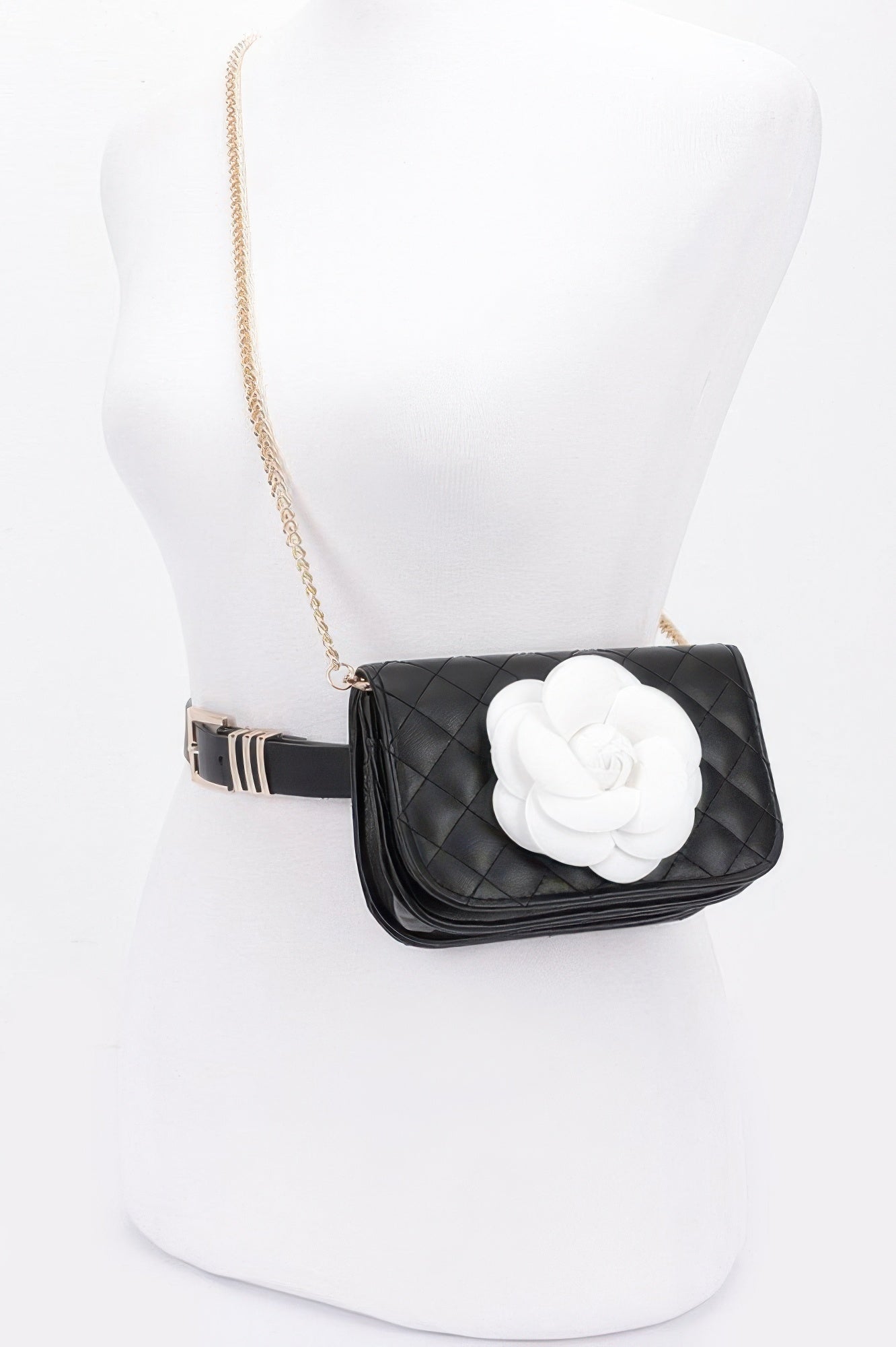 Faux Leather Quilted Flower Beltbag Shoulder Chain - Farnelli
