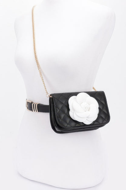 Faux Leather Quilted Flower Beltbag Shoulder Chain - Farnelli