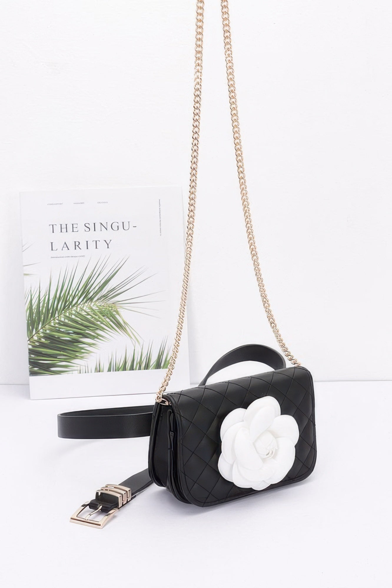 Faux Leather Quilted Flower Beltbag Shoulder Chain - Farnelli