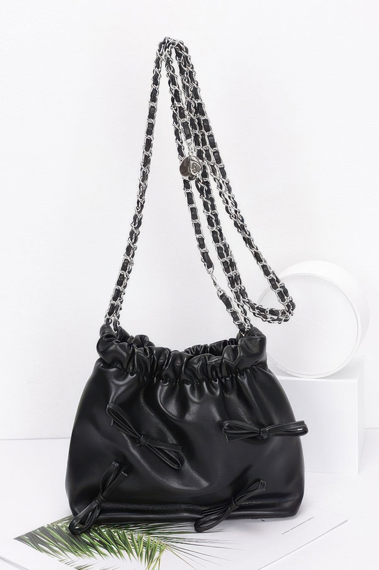 Faux Leather Multi Ribbon Bucket Chaincrossbodybag - Farnelli