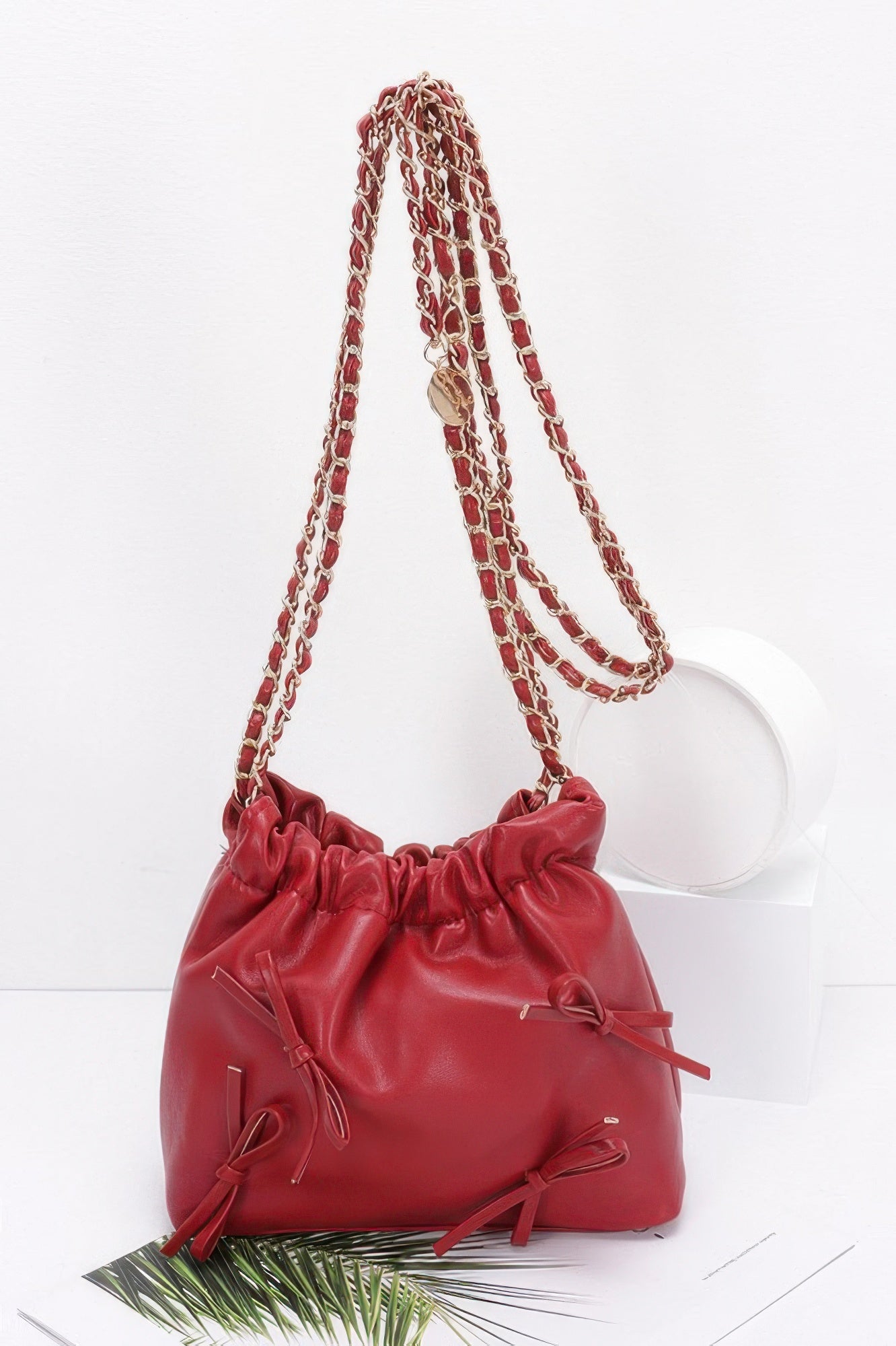 Faux Leather Multi Ribbon Bucket Chaincrossbodybag - Farnelli