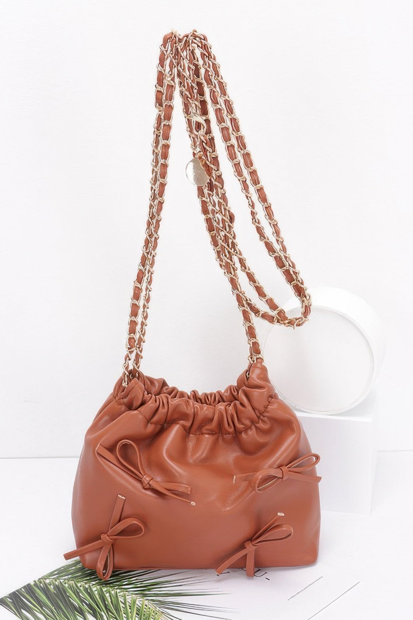 Faux Leather Multi Ribbon Bucket Chaincrossbodybag - Farnelli